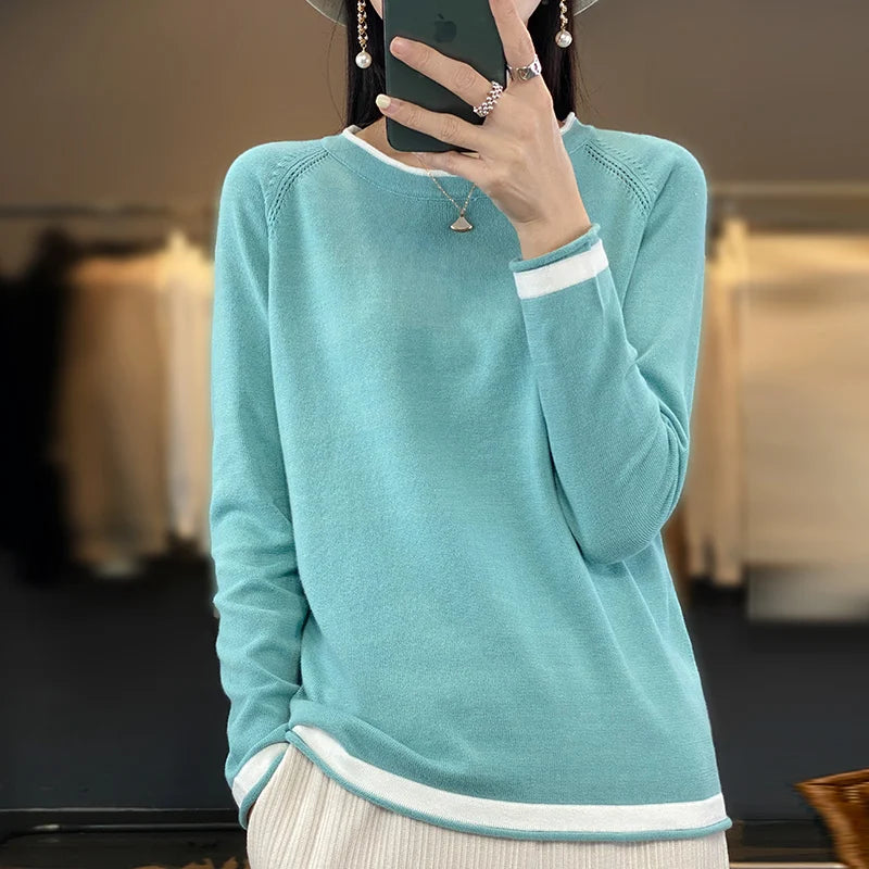 Women's Crew Neck Contrast Stripe Trim Sweater Casual Knit Layer