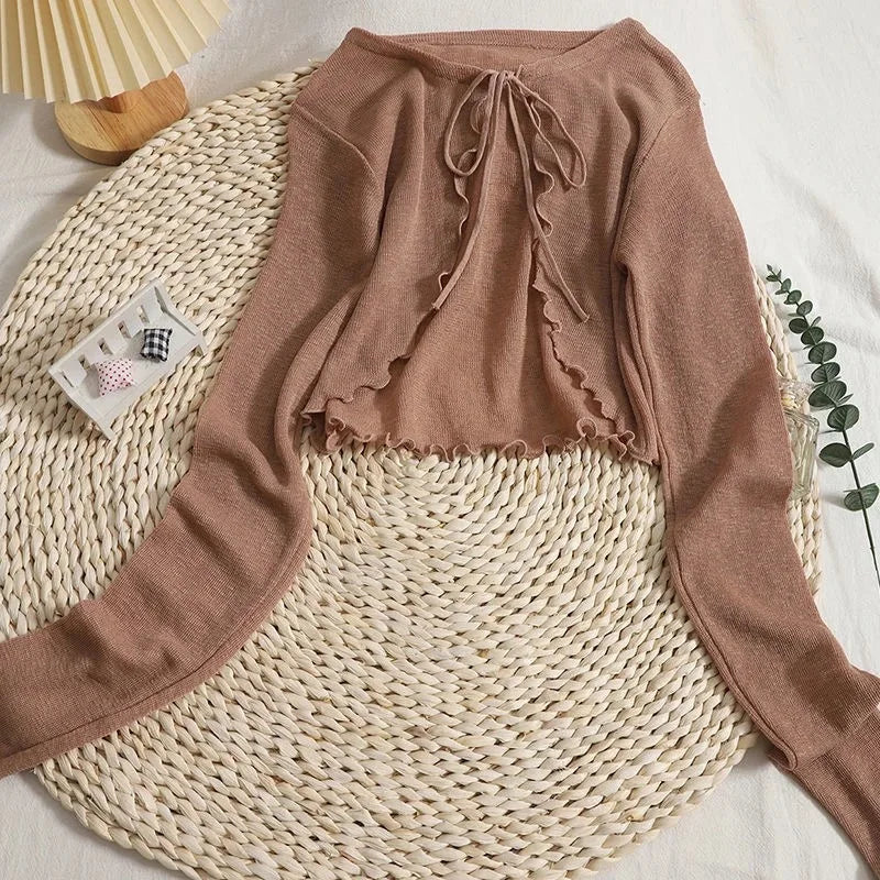 Women's Tie Front Cropped Long Sleeve Cardigan Casual Knit Layer