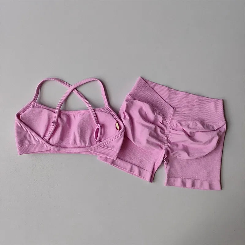 Women's Cross Strap Bra And Shorts Yoga Set
