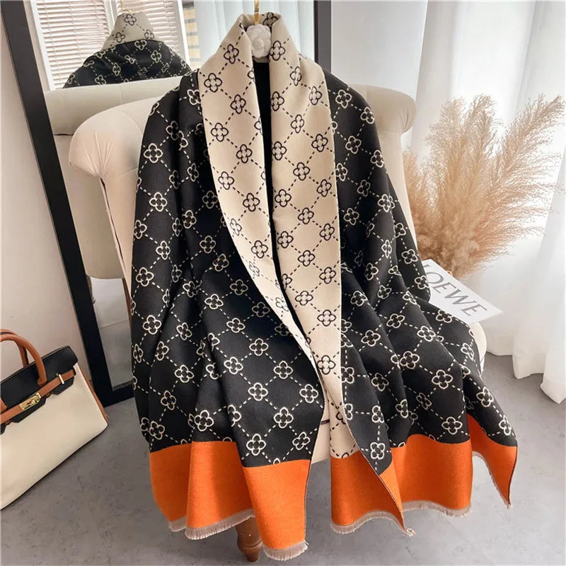 Printed Long Fringed Scarf with Repeating Floral Pattern