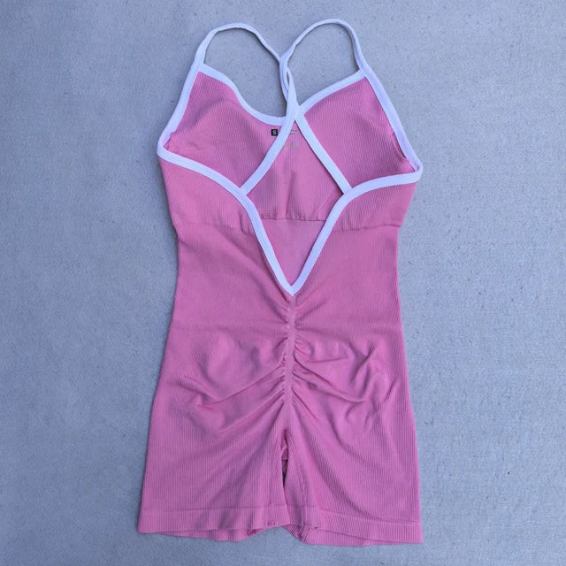 Women's Contrast Trim Nylon Blend Workout Romper with Thin Crossed Straps