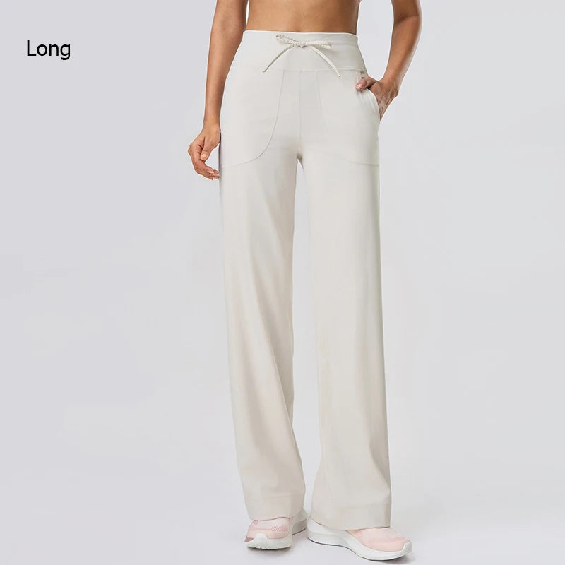 Women's Drawstring Waist Nylon Blend Wide Leg Pants with Length Options