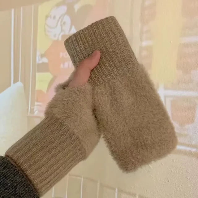Solid Plush Fingerless Gloves with Short Wrist Shape