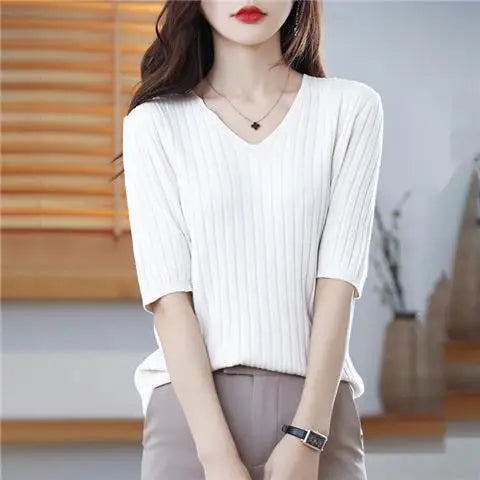Women's V Neck Short Sleeve Sweater Casual Knit Layer