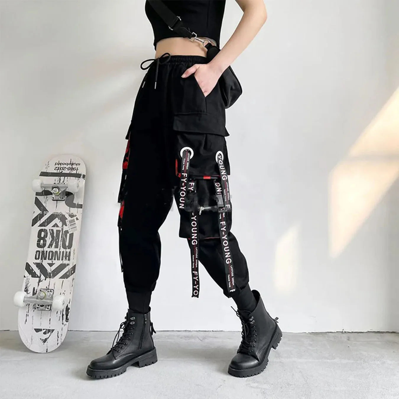 Women's Black Cargo Joggers with Printed Straps and Side Pockets