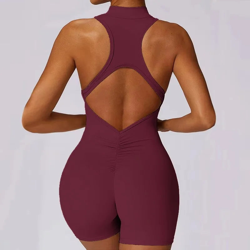 Women's Zip-Front Open-Back Workout Romper