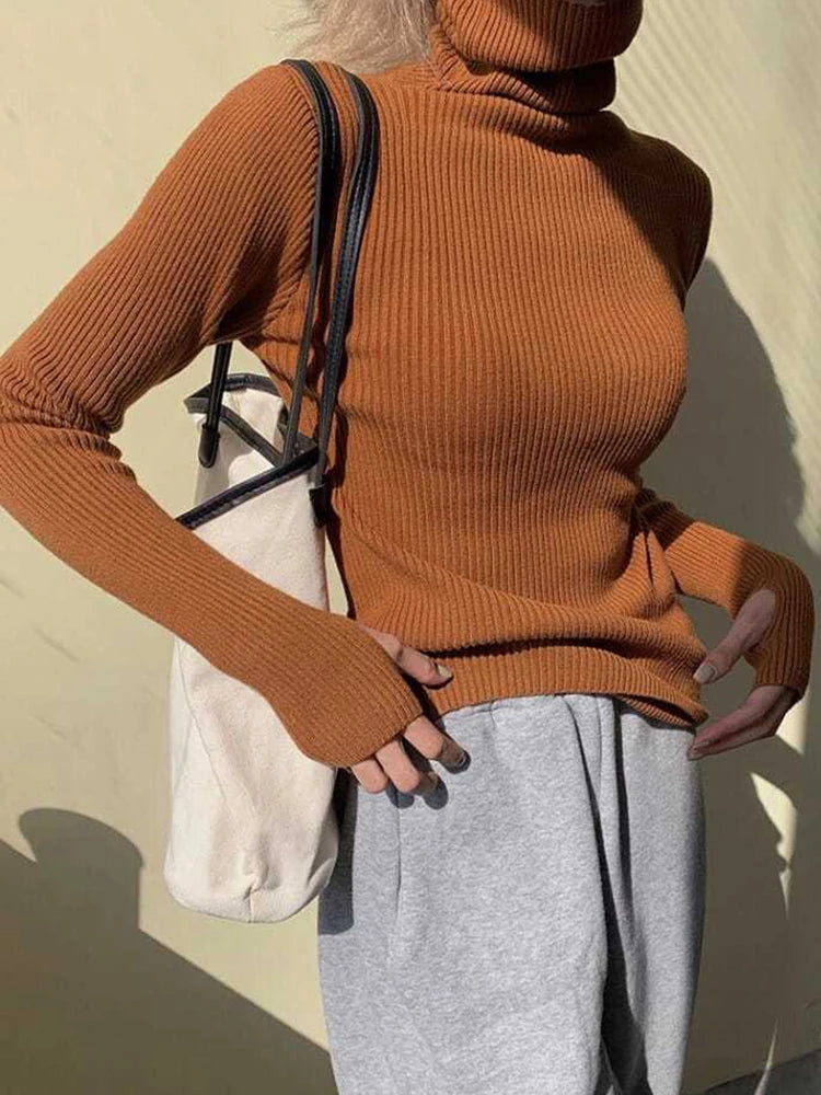 Women's Ribbed Roll Neck Long Sleeve Sweater Casual Knit Layer