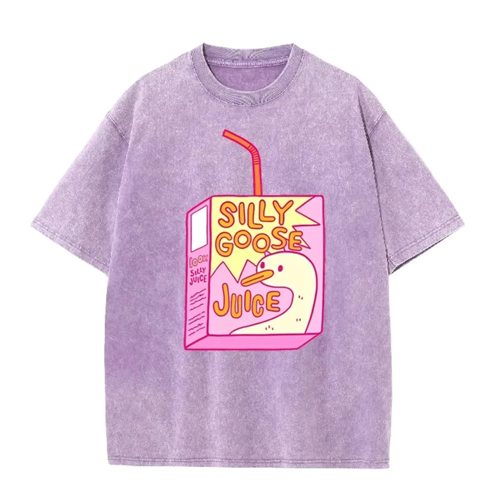 Cute Silly Goose Juice Box Print Washed Purple Y2K Aesthetic Women T-shirt