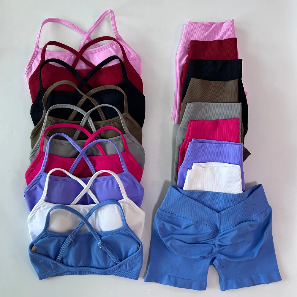 Women's Cross Strap Bra And Shorts Yoga Set