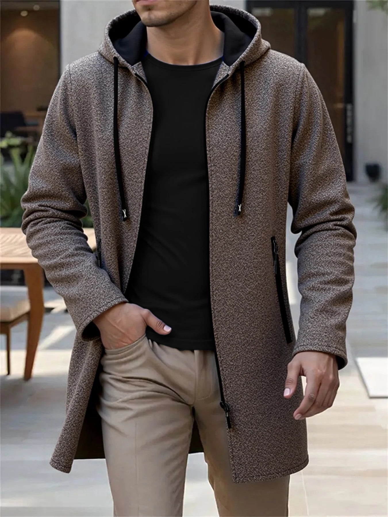 Men's Hooded Longline Zip Front Cardigan
