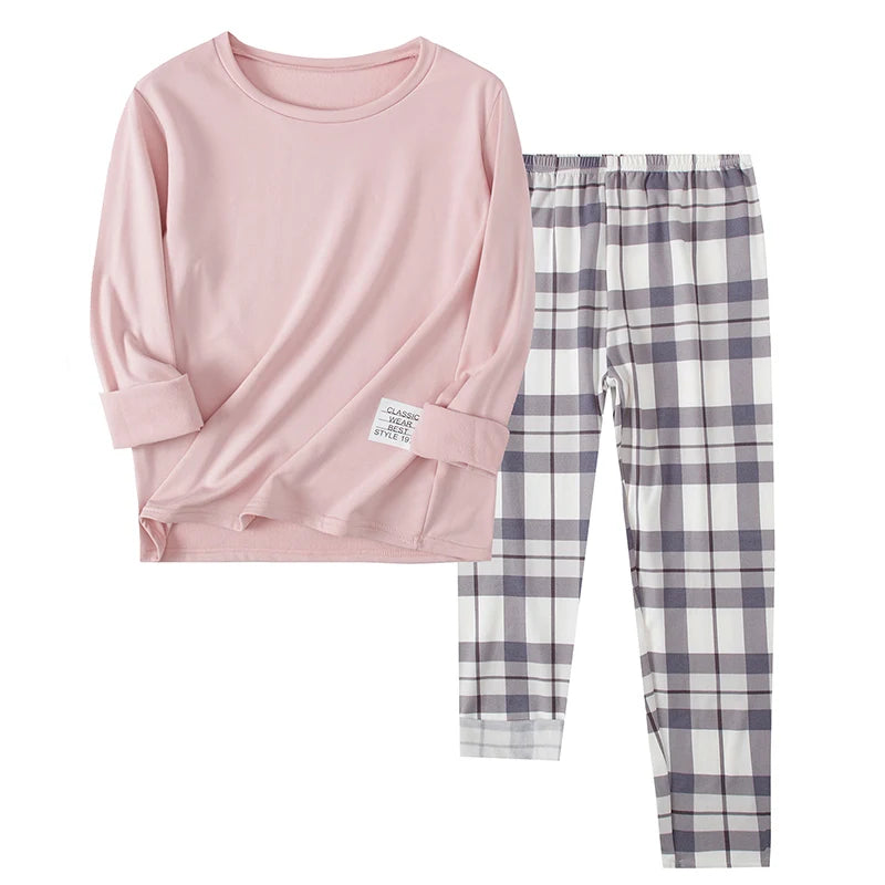 Youth Long Sleeve Top and Plaid Pants Pajama Set