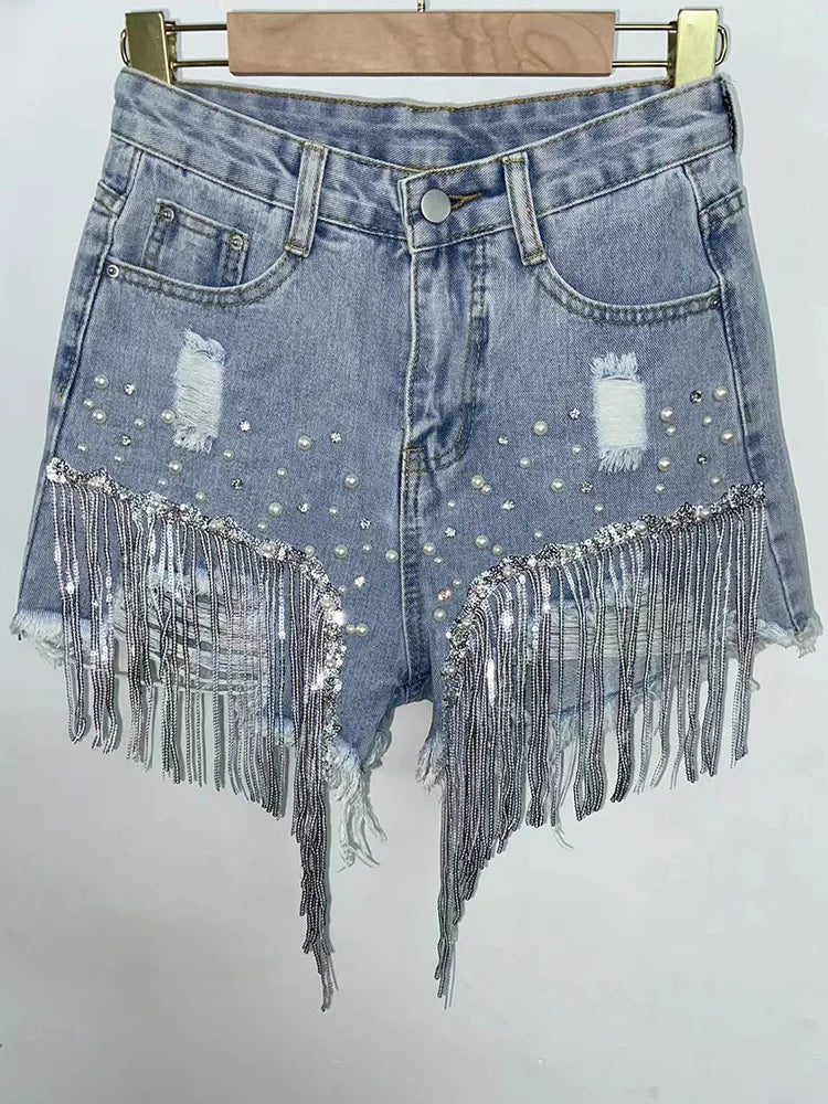 Women's Beaded Fringe Denim Casual Denim Shorts For Everyday Outfits