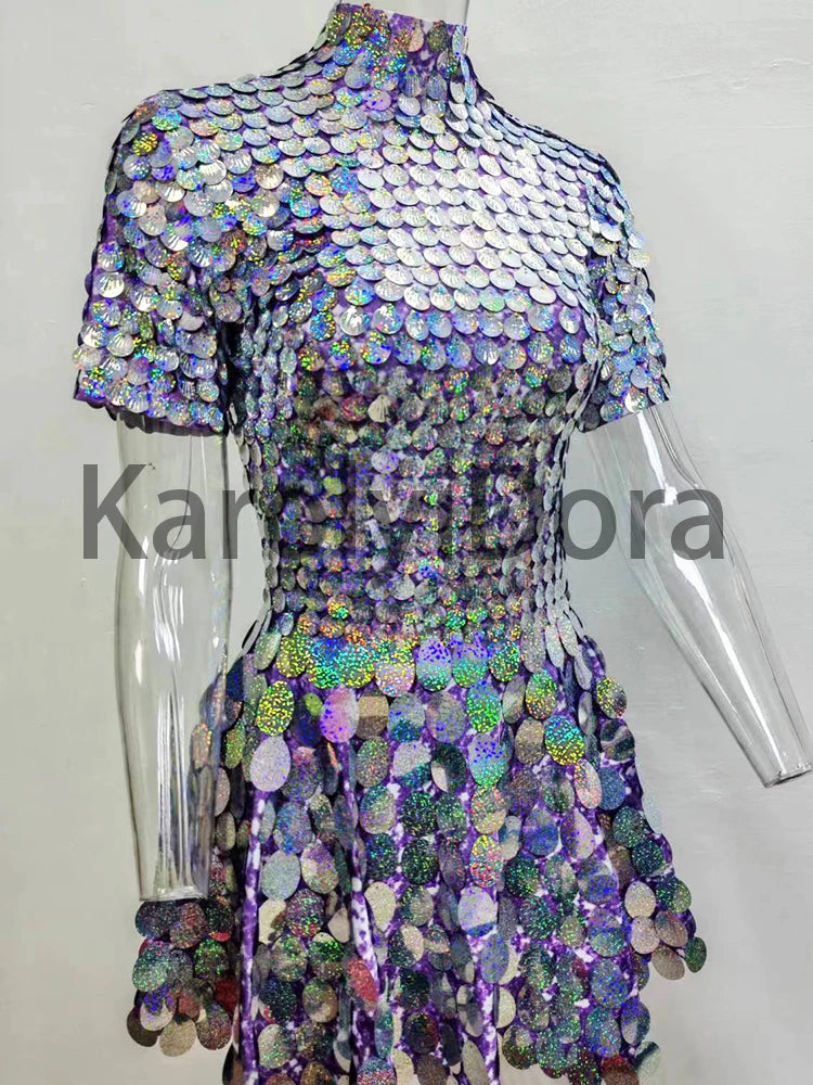 Women's Disc Sequin Mini Dance Dress with Short Sleeves and High Neck