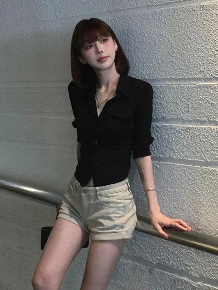 Women's Fitted Collared Three Quarter Sleeve Button Front Shirt