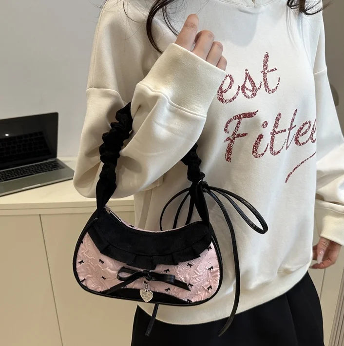 Ribbon Shoulder Handbag with Gathered Handle and Decorative Lace