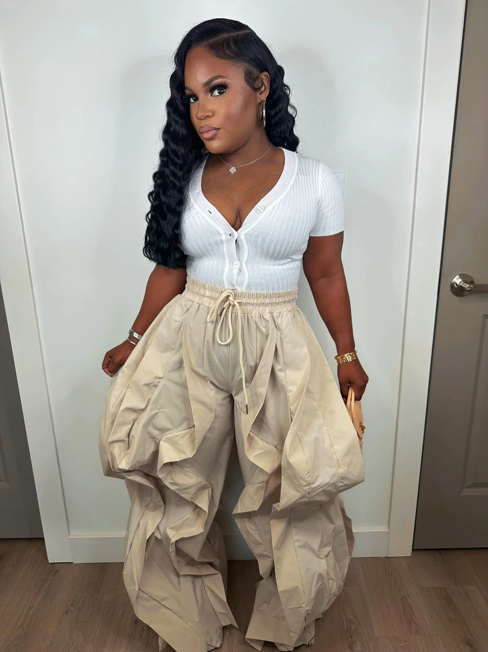 Women's Ruched Cargo Pants with Drawstring Waist and Gathered Cuffs