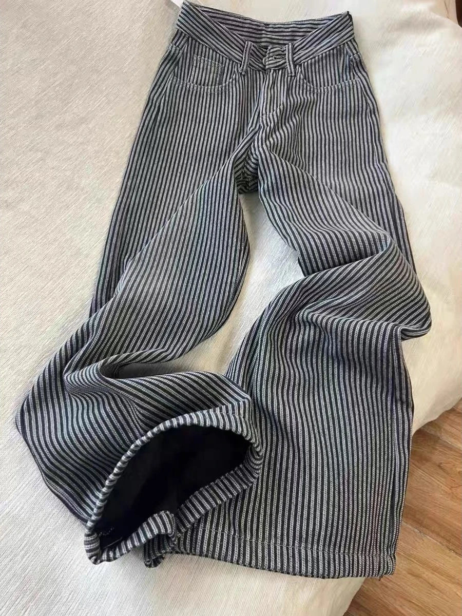 Women's Striped Washed Loose Fit Denim Jeans For Everyday Outfits