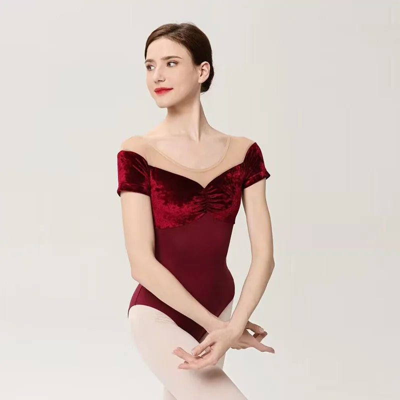 Women's Short Sleeve Ballet Leotard with Velvet Panels and Open Back
