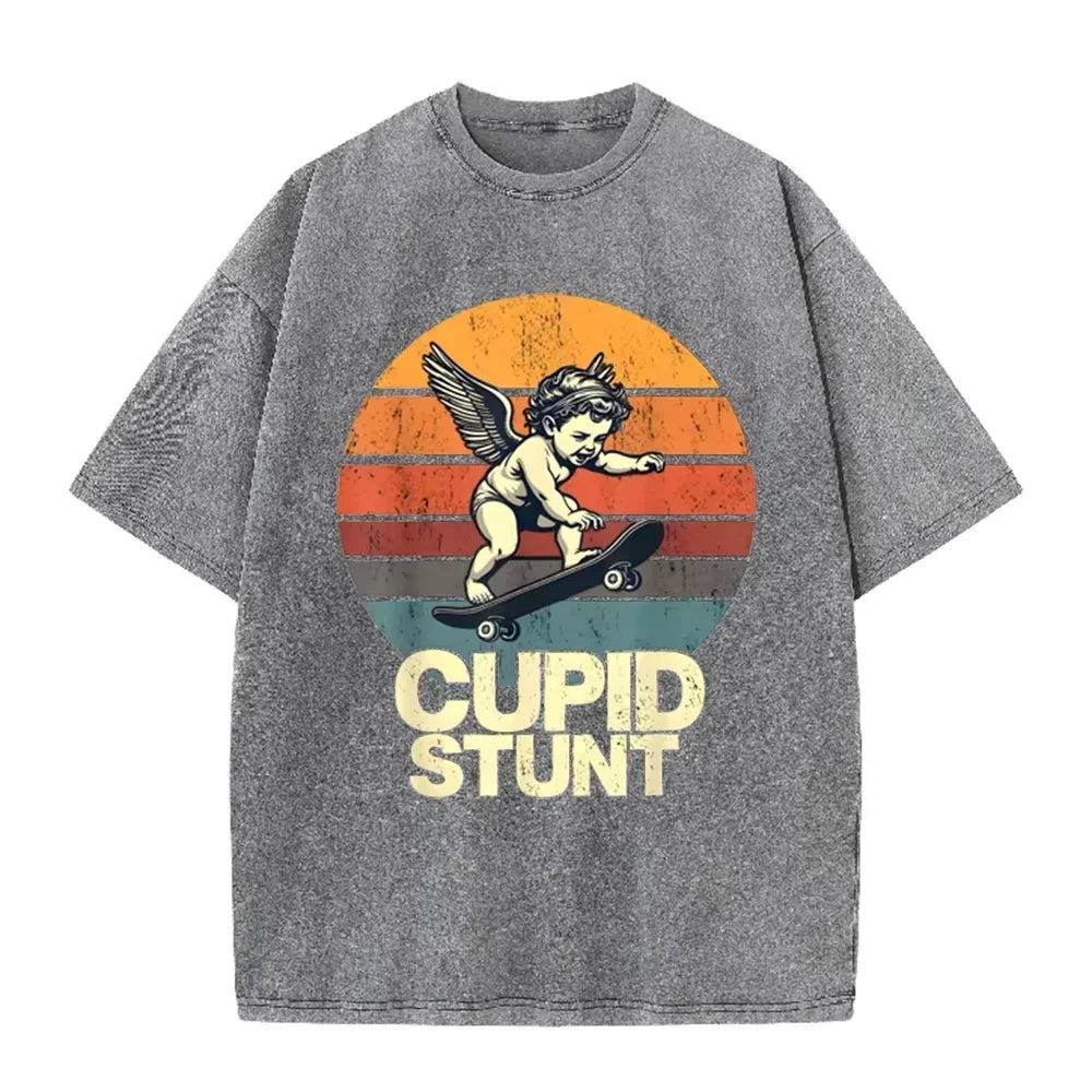 Retro Beige Cupid Stunt Skate Graphic Acid Wash Oversized Tee