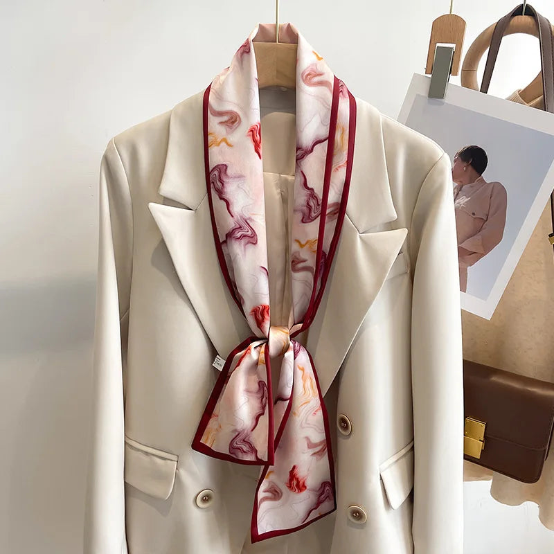 Printed Long Narrow Scarf with Decorative Ribbon Shape