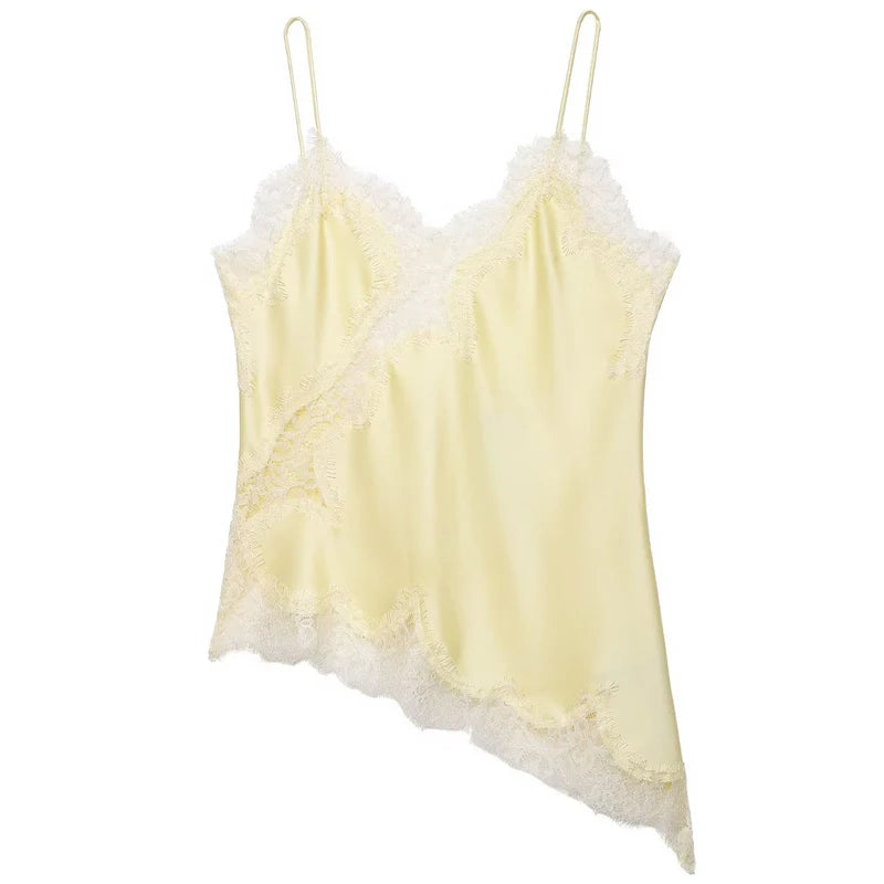 Women's Asymmetric Satin Polyester Camisole with Lace Trim and Thin Straps