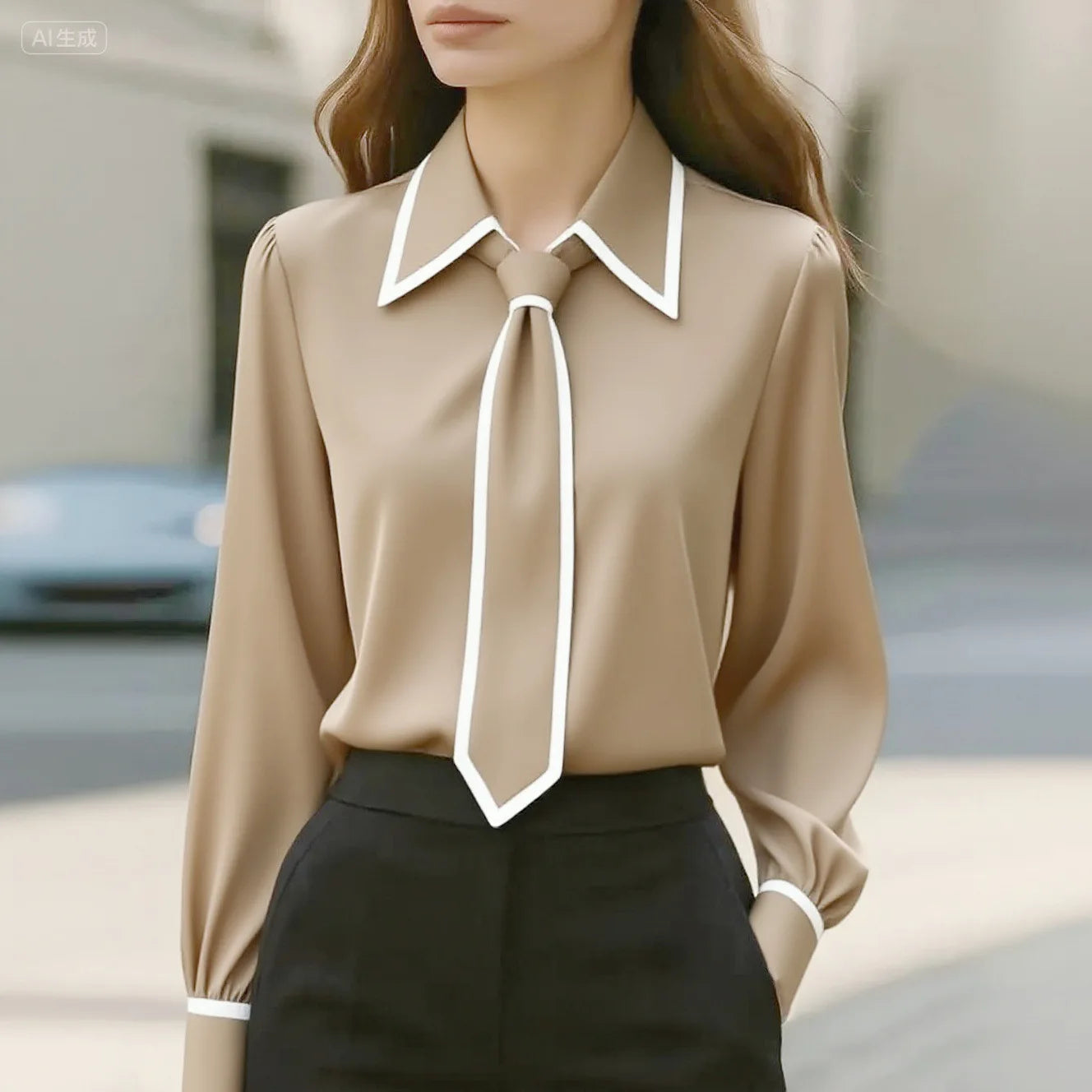Women's Contrast Trim Tie Neck Long Sleeve Blouse