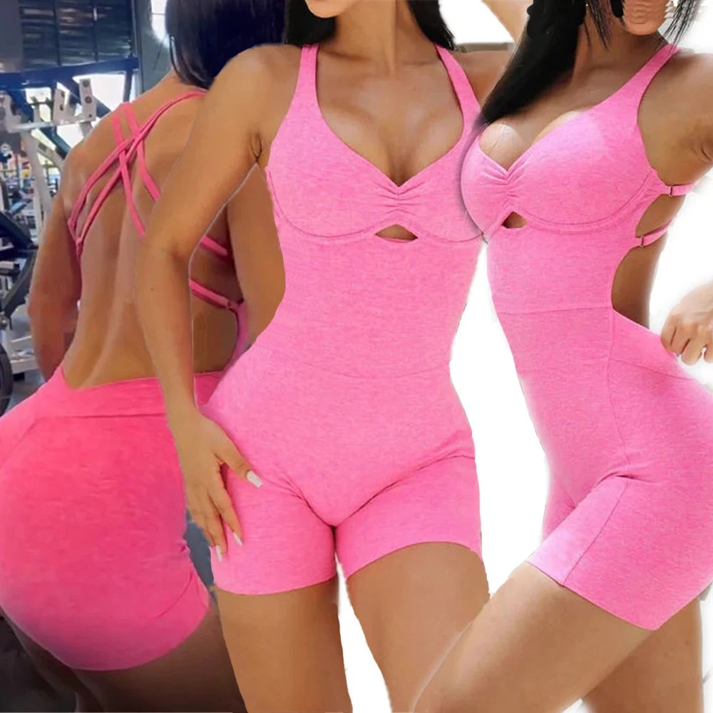 Women's Ribbed Nylon Blend Romper with Strappy Back and Keyhole Front