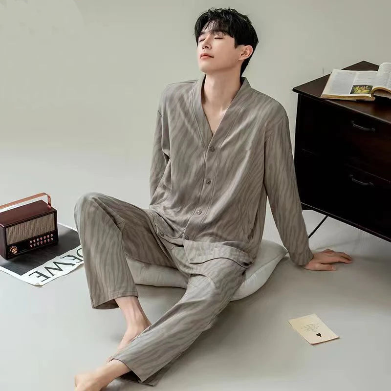 Men's Printed Button Front Long Sleeve Shirt and Pants Pajama Set