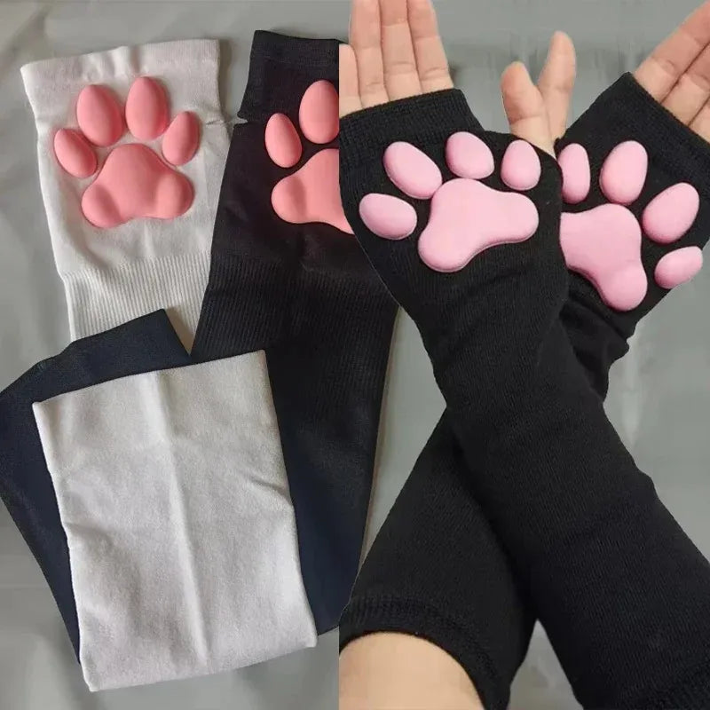 Long Fingerless Paw Gloves with Decorative Pink Pads