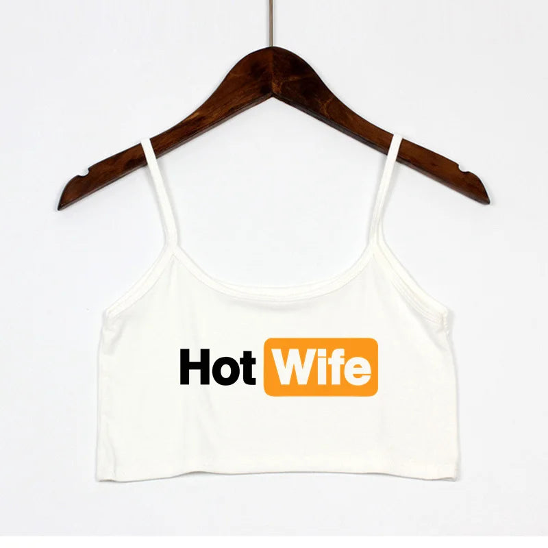 Women's Hot Wife Letter Print Cropped Camisole with Thin Shoulder Straps