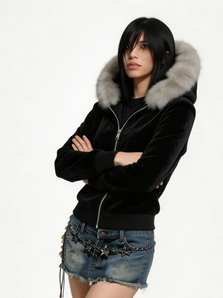 Fluffy Trim Long Sleeve Full Zip Casual Hoodie