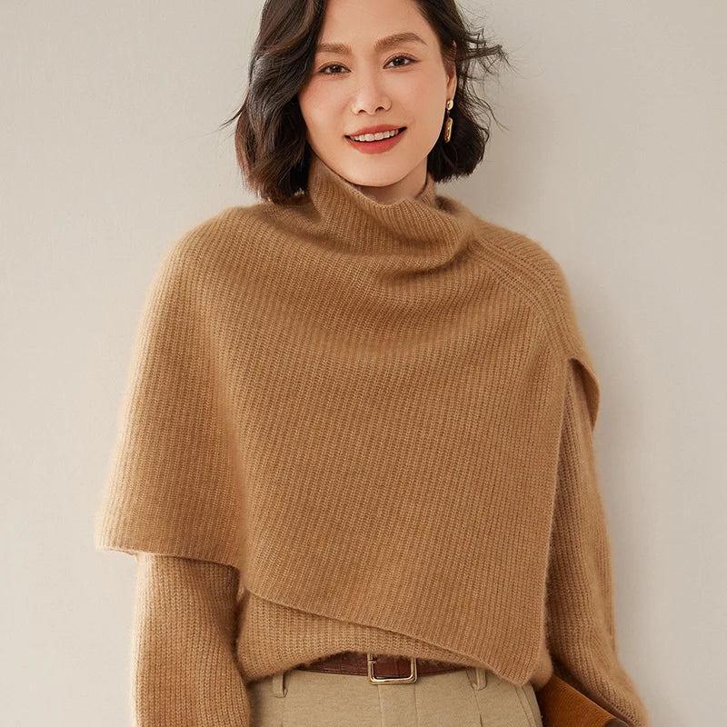 Short Turtleneck Ribbed Poncho for Layering over Outfits