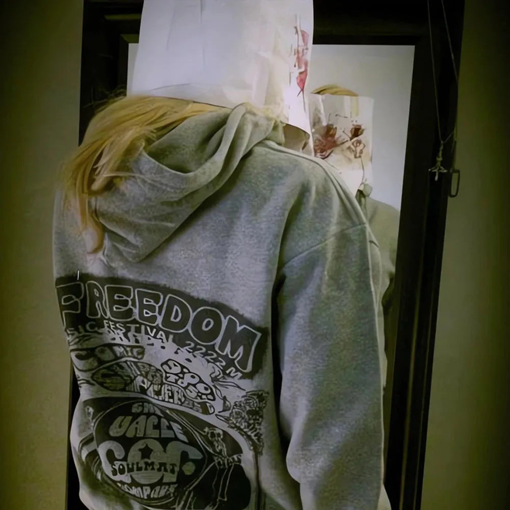 Back Graphic Long Sleeve Full Zip Casual Hoodie