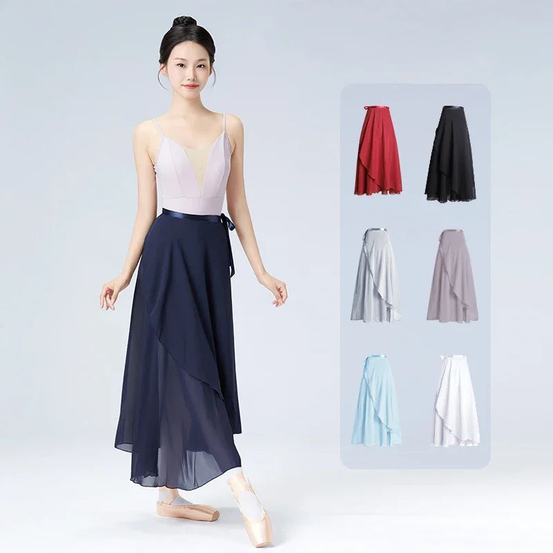 Women's Long Ballet Wrap Skirt with Flowing Hem and Tie Waist