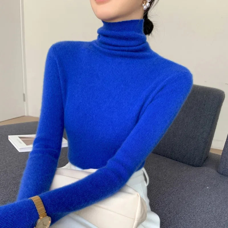 Women's Fitted Roll Neck Long Sleeve Sweater Casual Knit Layer