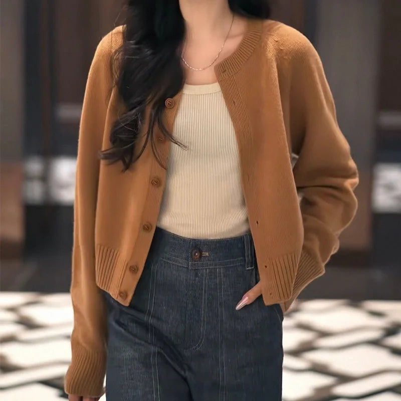 Autumn/Winter round-neck 100% wool knitted sweater cardigan women's coat long-sleeved top