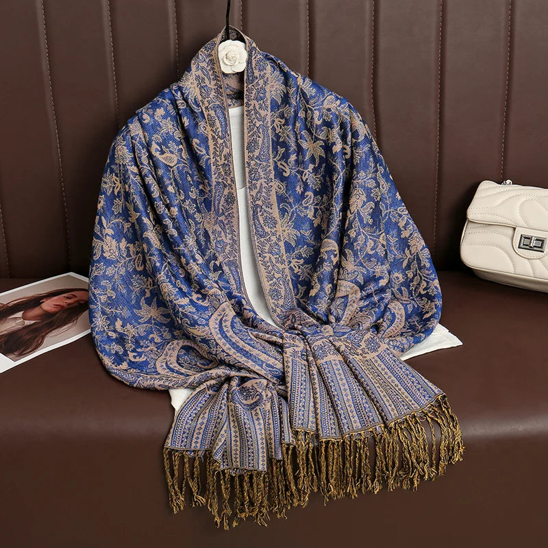 Paisley Floral Print Long Scarf with Fringed Ends