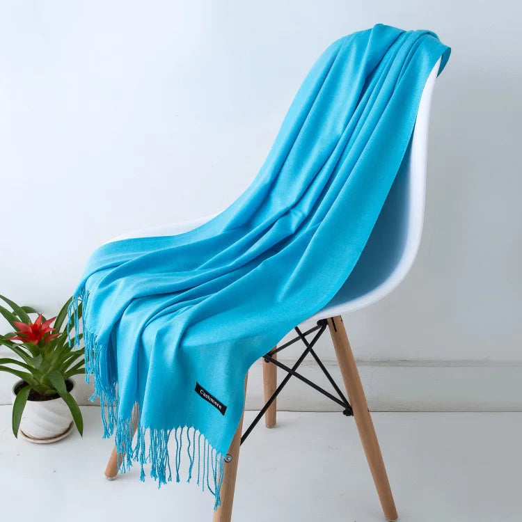 Solid Long Rectangular Scarf with Fringed End Trim