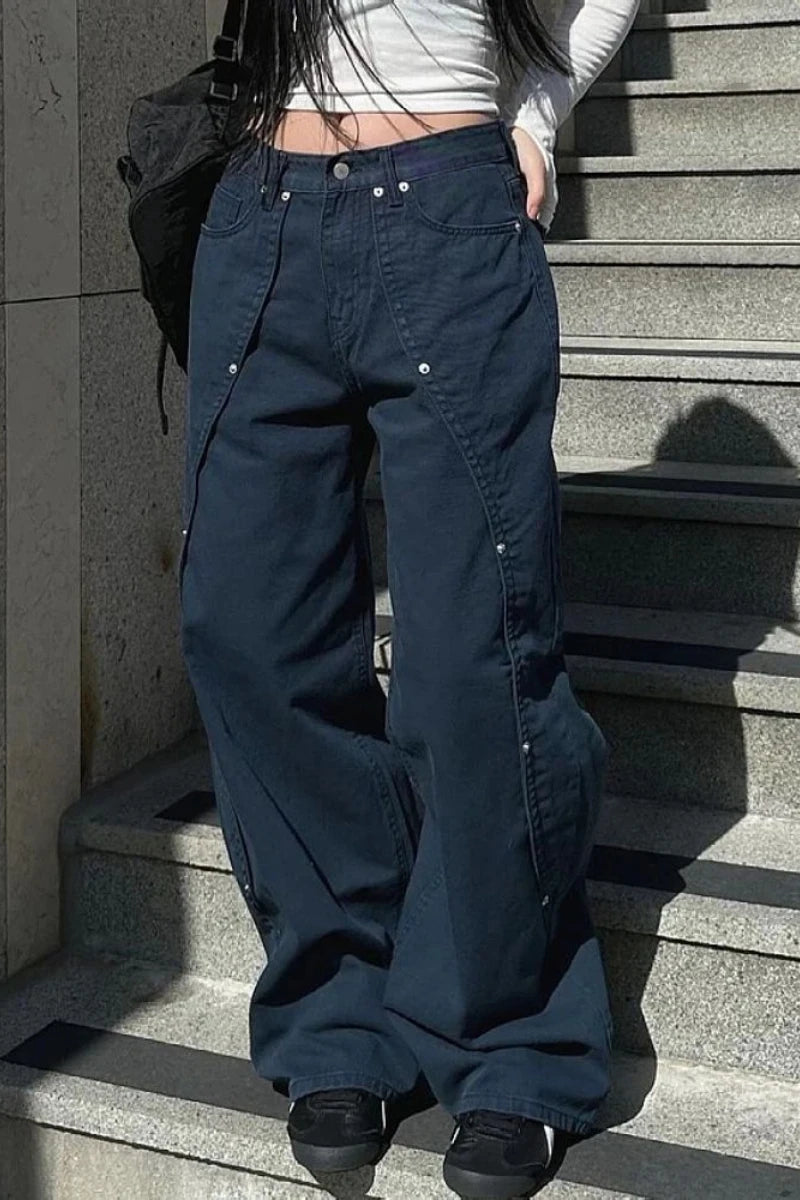 Women's Grommet Waist Black Wide Leg Denim Jeans