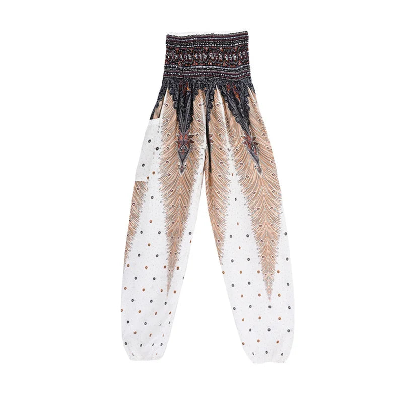 Women's Printed Nylon Harem Pants with Smocked Waist and Convertible Styling