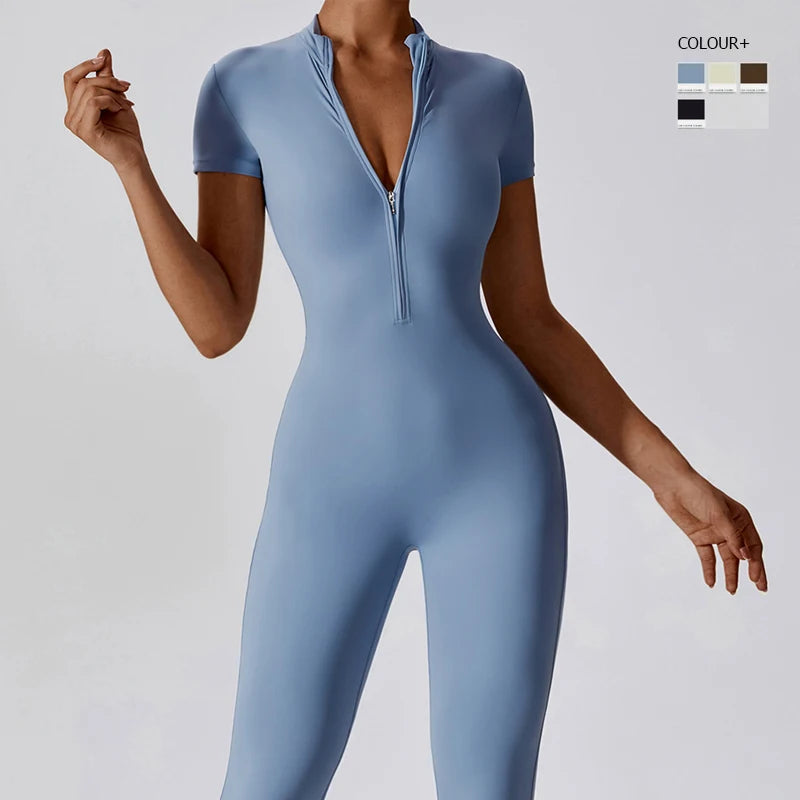 Women's Short Sleeve Nylon Blend Workout Jumpsuit with Collar and Front Zip