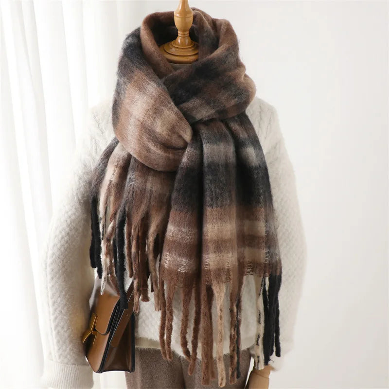 Multicolor Plaid Scarf with Long Shape and Fringed Ends