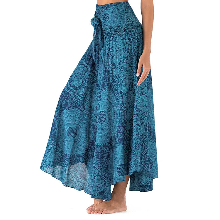 Women's Printed Nylon Harem Pants with Smocked Waist and Convertible Styling