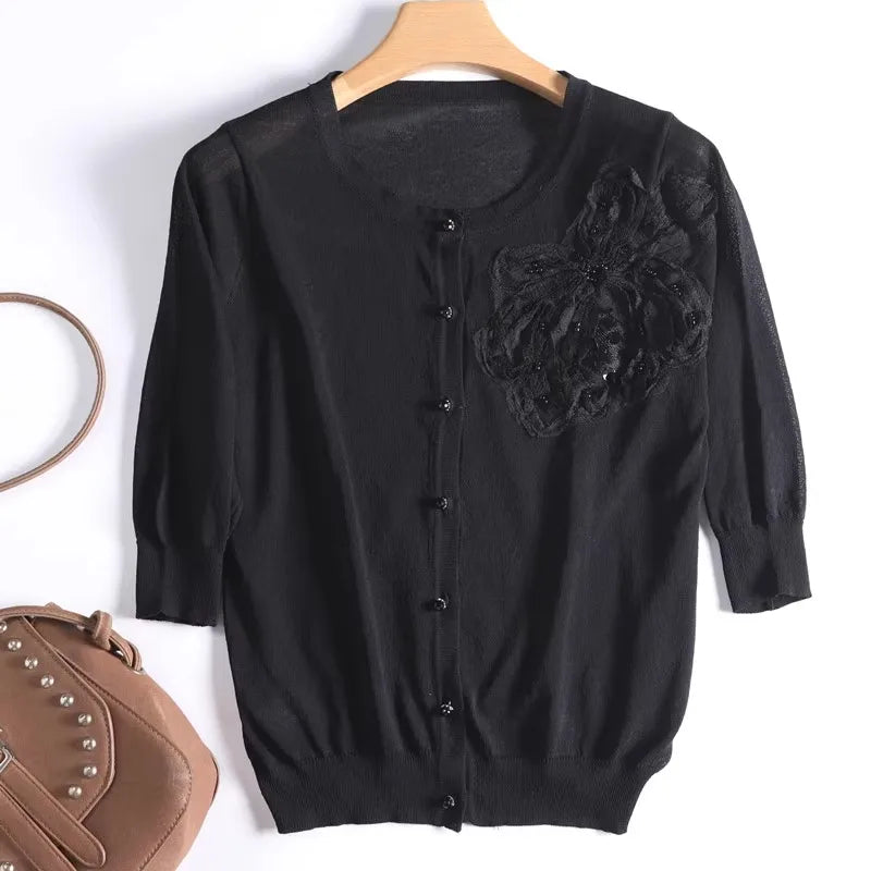 Knitted sunscreen cardigan female short heavy industry flower Korean version loose ice silk thin coat female