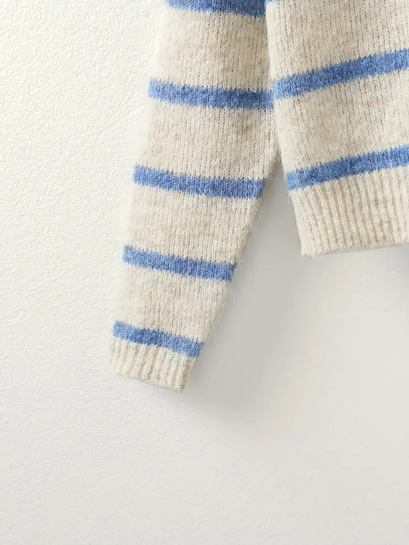 Women's Striped Polo Collar Pullover Sweater Casual Knit Layer