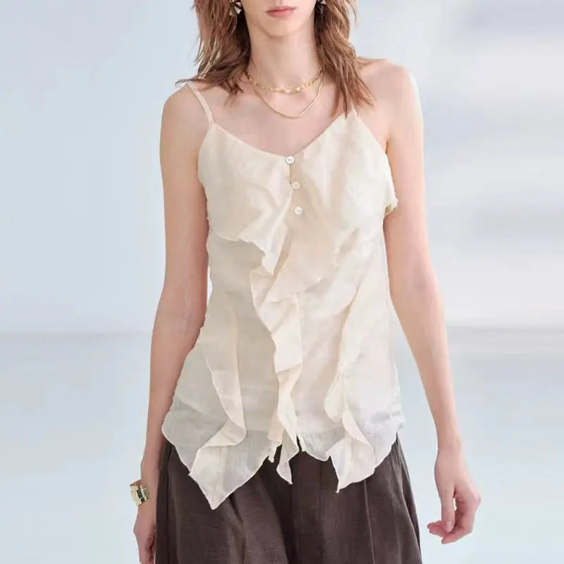 Women's Ramie Sleeveless Camisole Top with Asymmetric Hem and Decorative Front Buttons