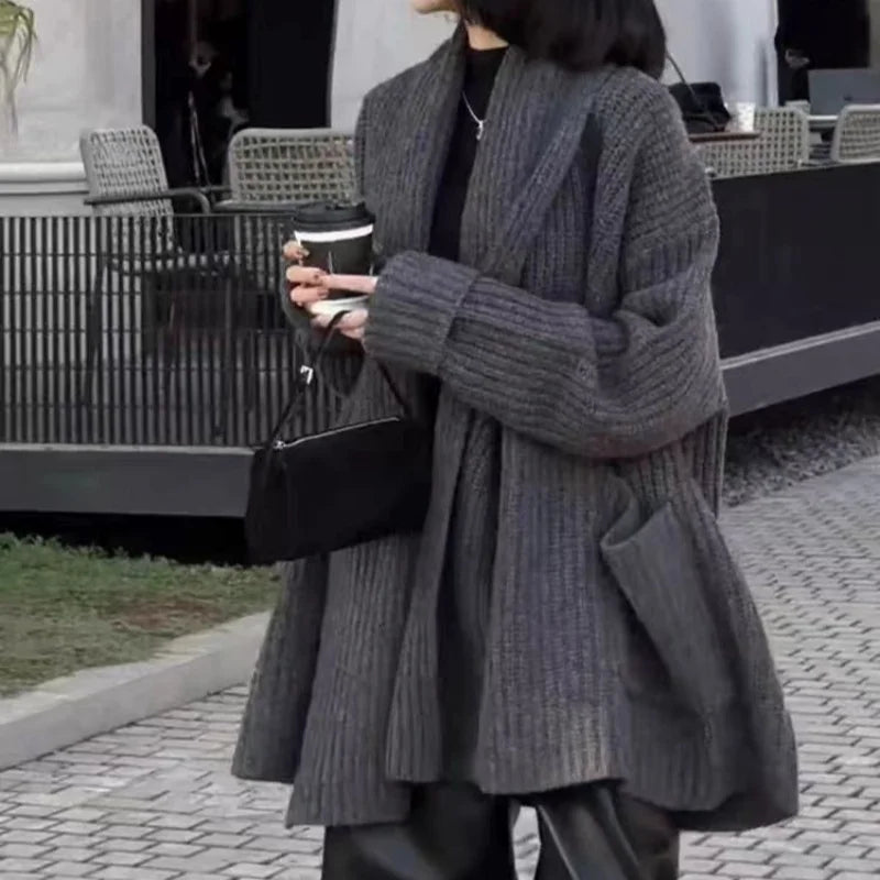 Autumn/Winter Thickened 100% Pure Wool Women's Turn-down Collar Knitted Cardigan Loose Sweater Coat Top Mid-long Length