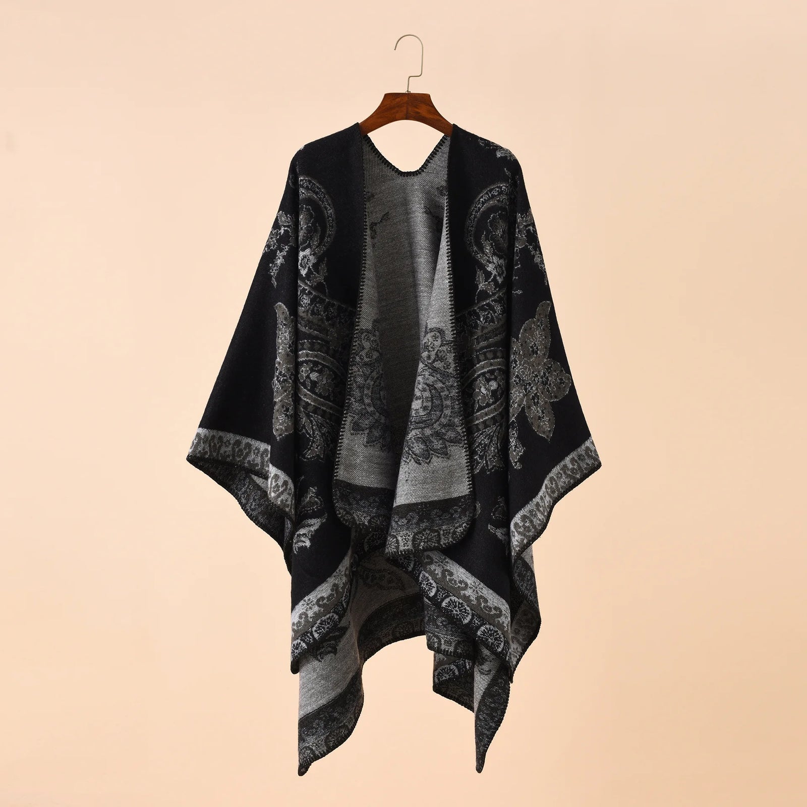 Paisley Border Open Front Poncho for Layering over Outfits