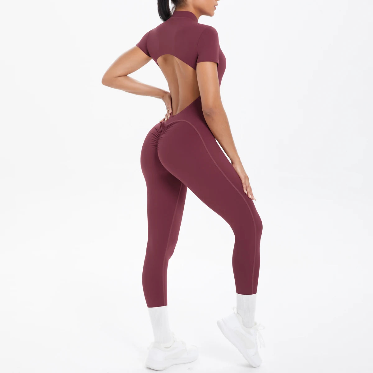 Women's Zip Front Nylon Blend Workout Jumpsuit with Open Back and Sleeve Options