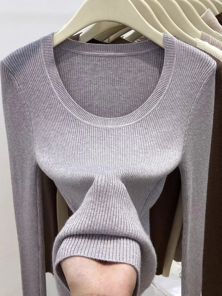 Women's Scoop Neck Ribbed Long Sleeve Sweater Casual Knit Layer